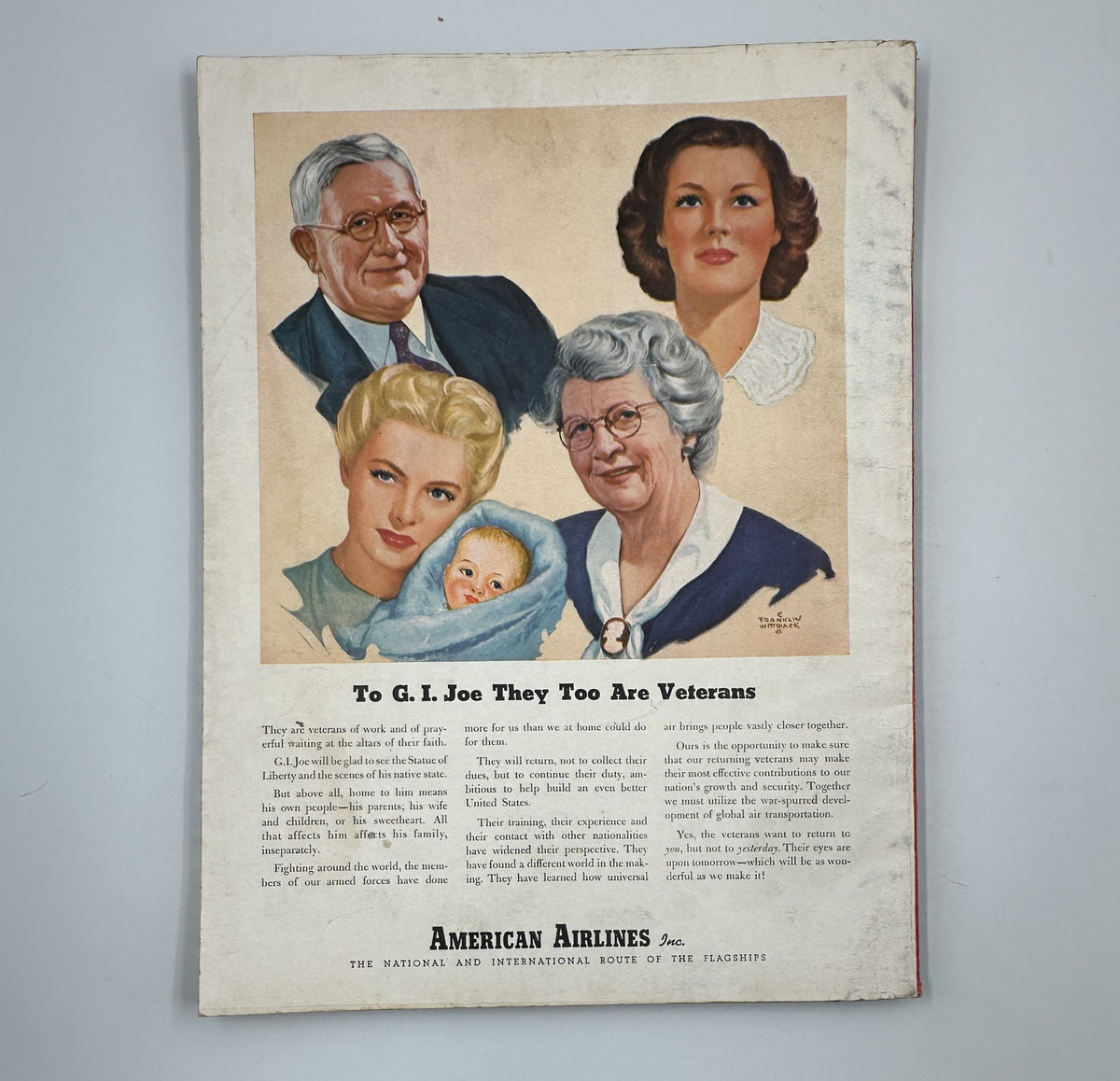 Esquire Magazine April 1945 advertisement featuring a family portrait and text saying 'To G. I. Joe They Too Are Veterans'.