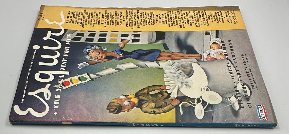 Back cover of Esquire Magazine May 1945 displaying Varga Foldout, along with Leydenfrost, Boris art, and additional information about magazine content. The design features whimsical characters amidst a creative layout.