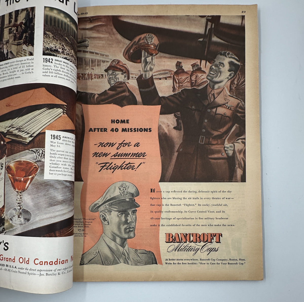 Advertisement page from Esquire Magazine May 1945, featuring military personnel and a promotional message for Bancroft Military Caps, highlighting post-war themes.