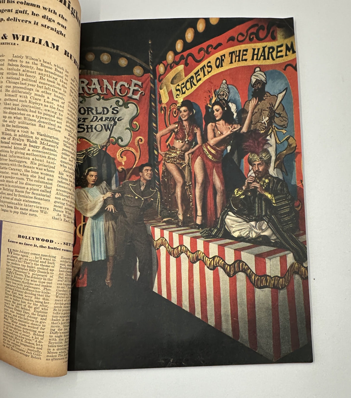 Colorful depiction of performers at a dance show titled 'Secrets of the Harem' in Esquire Magazine May 1945, illustrating the entertainment culture of the time.