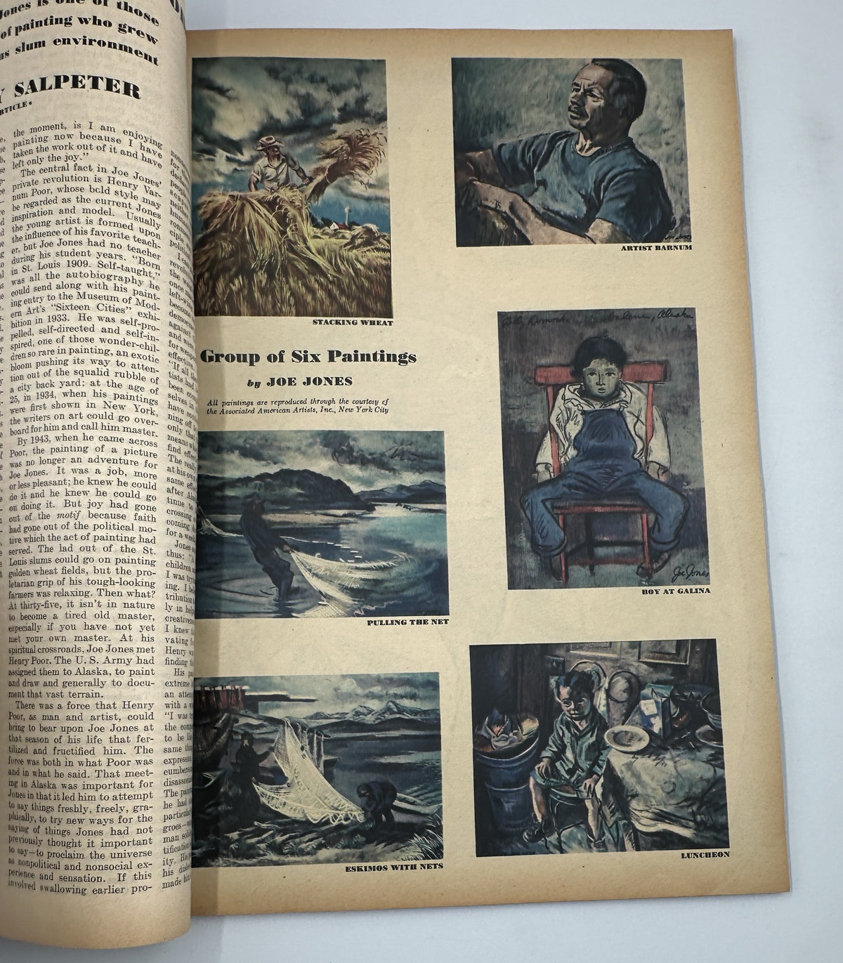 Interior artwork from Esquire Magazine June 1945 featuring a collection of paintings by Joe Jones, illustrating various themes.