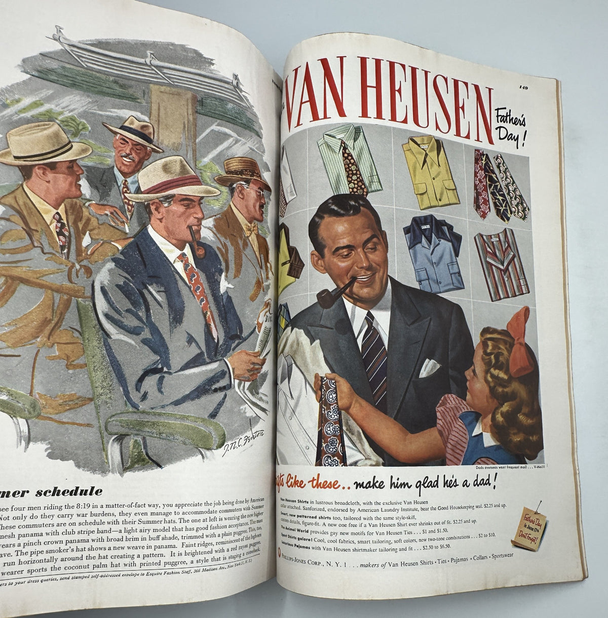 Vintage advertisement from Esquire Magazine June 1945 featuring a fashionable man wearing a suit and tie with a pipe, accompanied by a young girl showcasing a selection of colorful neckties. This image highlights 'Van Heusen Fashion Day' with a stylish design indicative of mid-20th century aesthetics.