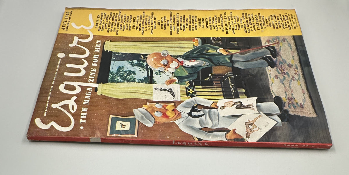 Esquire Magazine July 1945 cover showing a side view of the artwork with two characters, a doctor and a soldier, in a brightly colored interior, highlighting the magazine's vintage design.