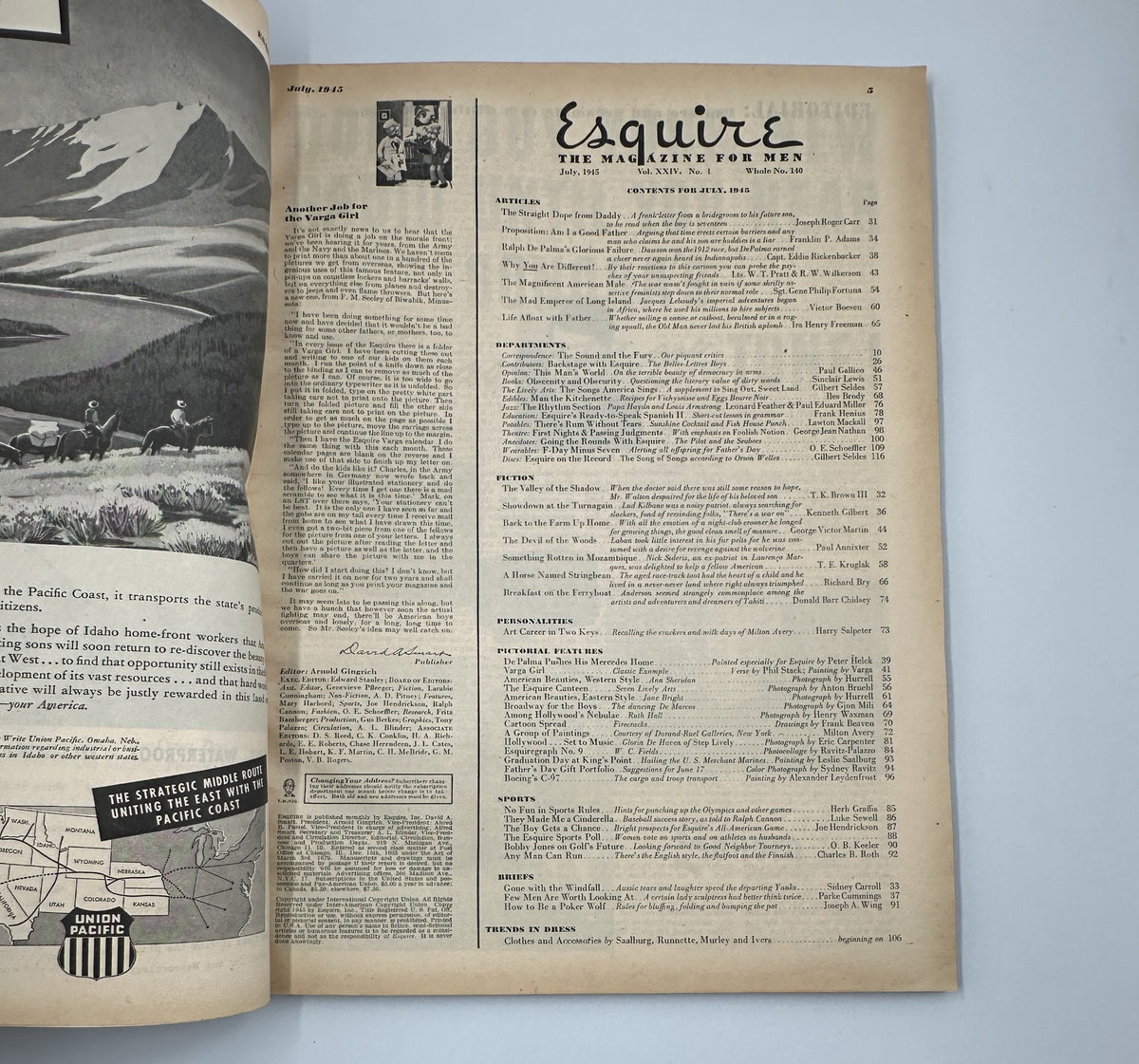 Inside page of Esquire Magazine July 1945 displaying the table of contents, listing articles and features, emphasizing its editorial layout and classic typography.