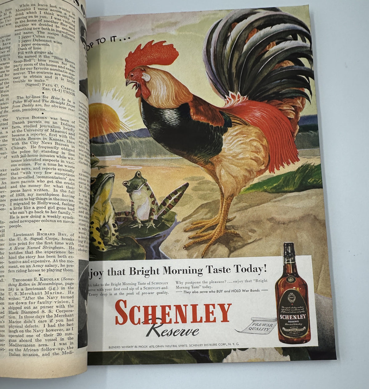 Esquire Magazine July 1945 vintage advertisement for Schenley Reserve whiskey, featuring a colorful illustration of a rooster in a countryside setting.