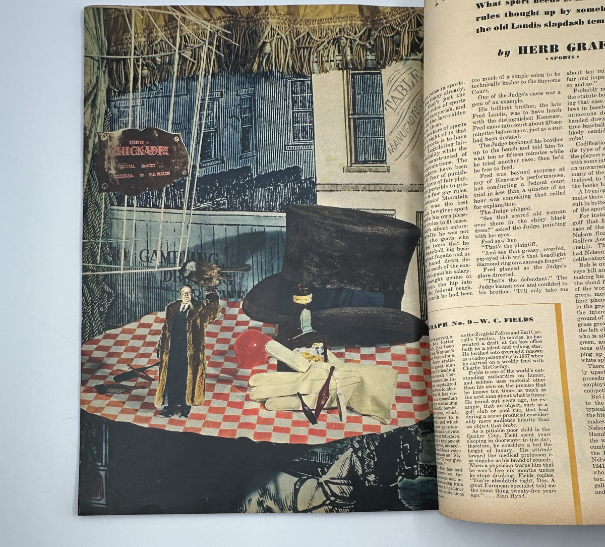 Esquire Magazine July 1945 displaying a creative visual spread with a theatrical theme, highlighting a performance setting with notable props.