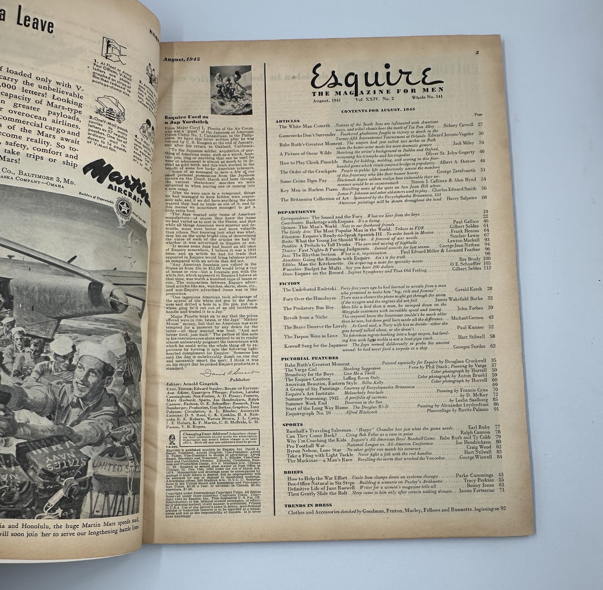 Inside spread of Esquire Magazine August 1945 showing the table of contents page. This page outlines various articles and notable pin-up features, emphasizing the magazine's content and style.