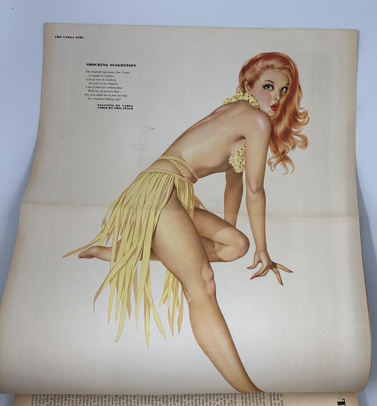 Vintage pin-up illustration of The Varga Girl from Esquire Magazine August 1945, featuring a model with long red hair and a playful pose.