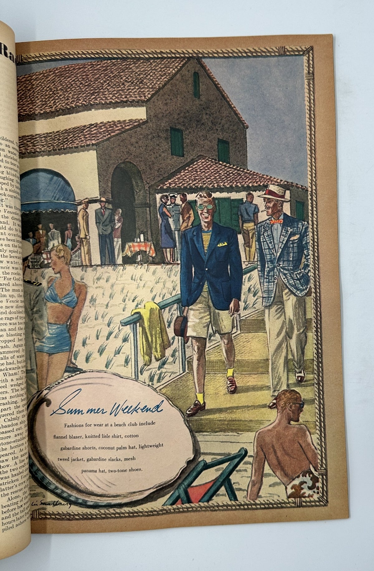 An illustration from Esquire Magazine August 1945 depicting stylish men in summer attire at a club, showcasing fashion trends from the era.