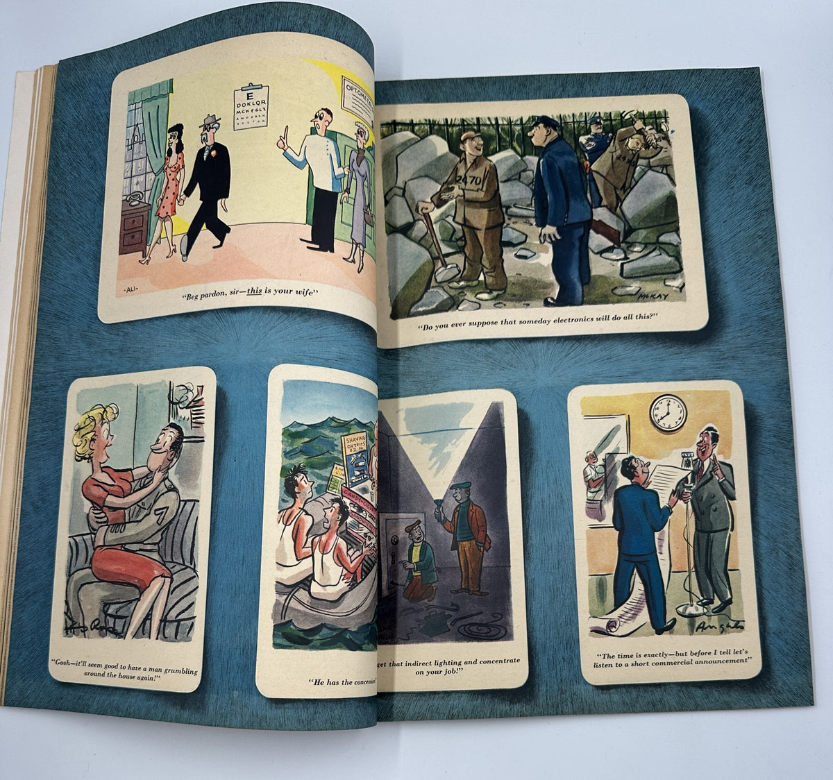 A series of humorous cartoon panels from Esquire Magazine August 1945, portraying various social scenarios and styles.