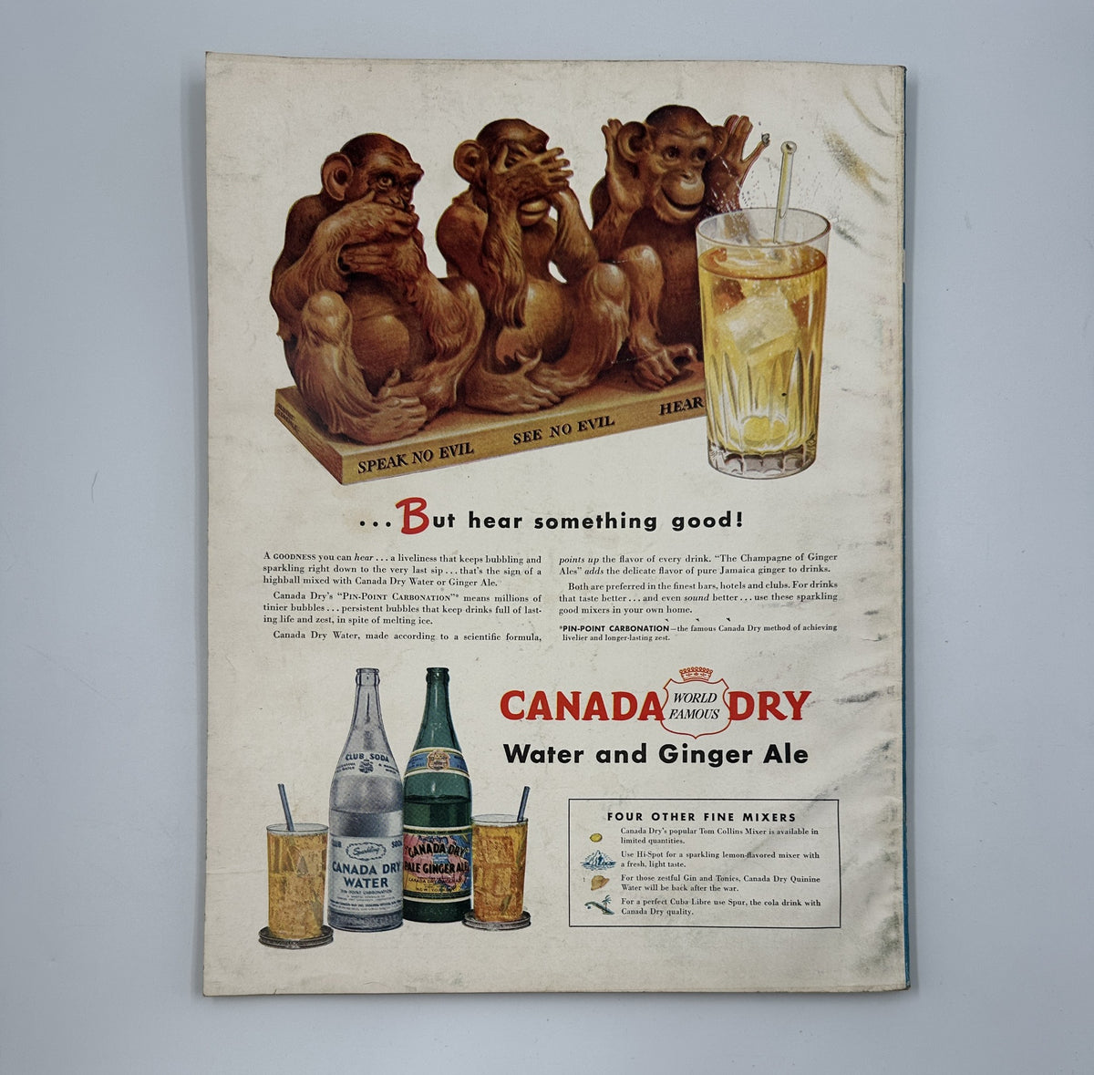 Vintage advertisement for Canada Dry Water and Ginger Ale from Esquire Magazine August 1945, featuring three wise monkeys illustration and beverages.