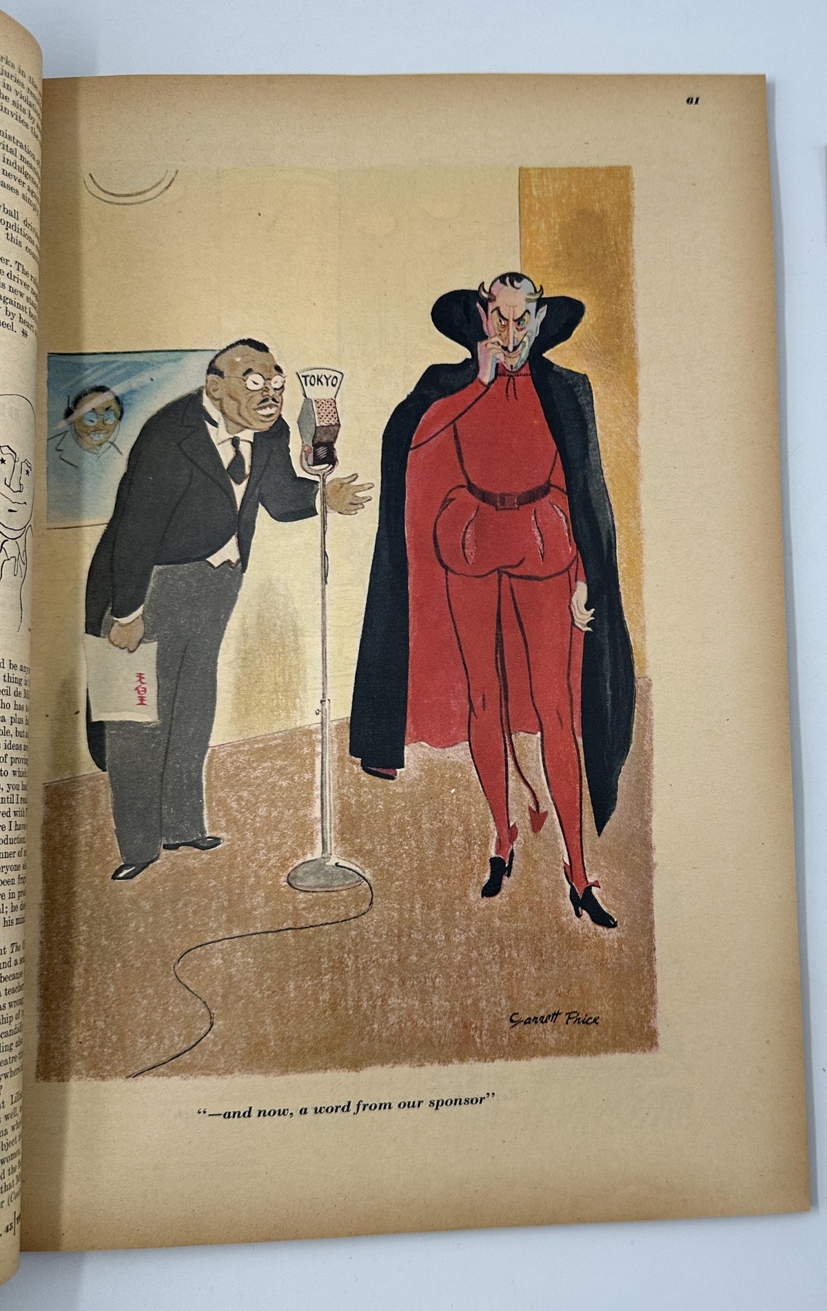 Illustration from Esquire Magazine September 1945 depicts a dramatic scene with a performer in a red outfit and a speaker character, showcasing vintage art style and humor.