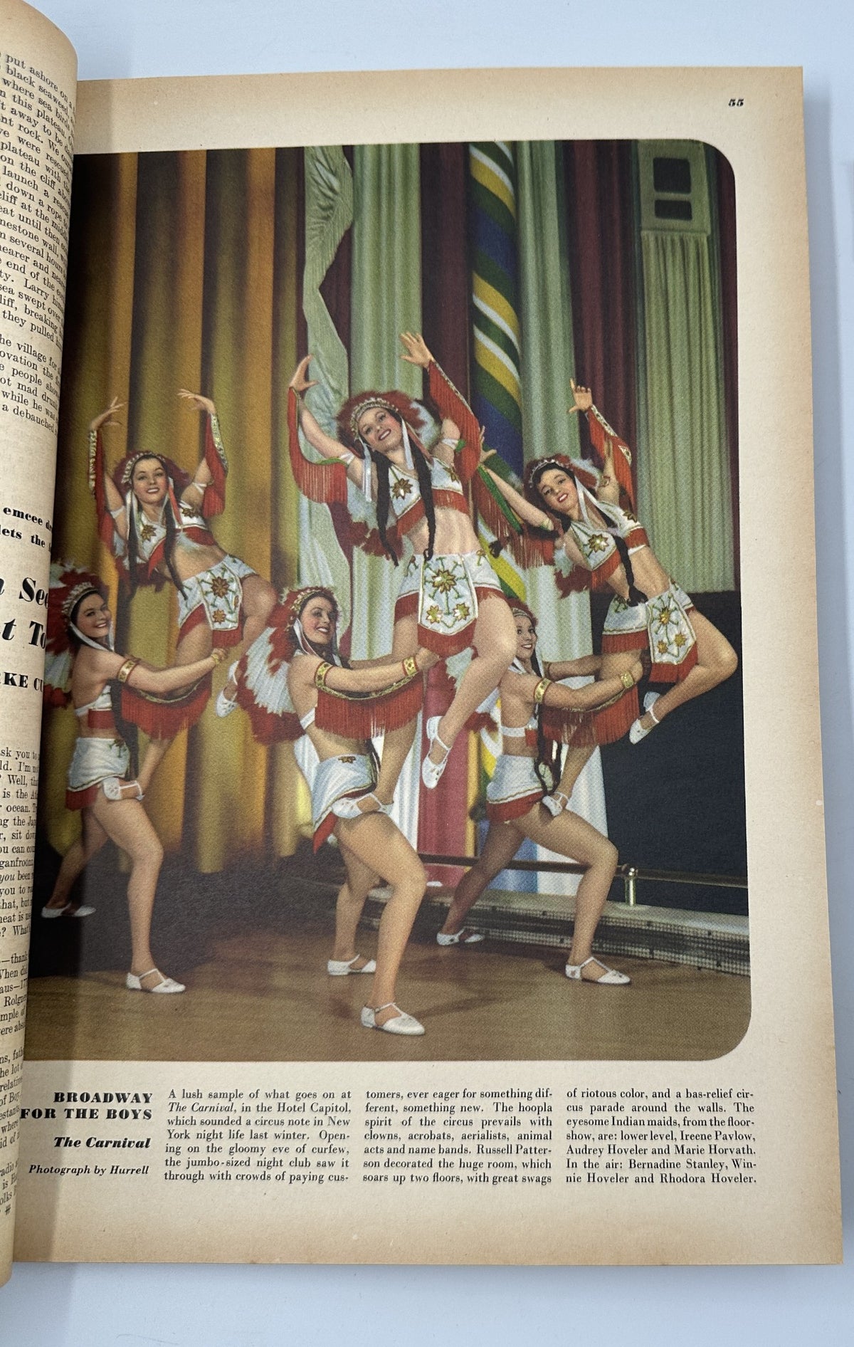 Color photograph from Esquire Magazine September 1945 features a lively performance by dancers dressed in traditional Native American-inspired costumes, captured during a vibrant stage act.