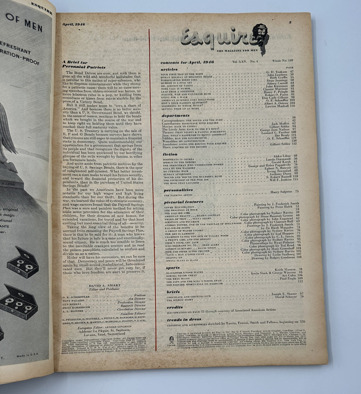 Esquire Magazine April 1946 editorial page showcasing the table of contents, listing various articles and features, including notable artworks and writings.