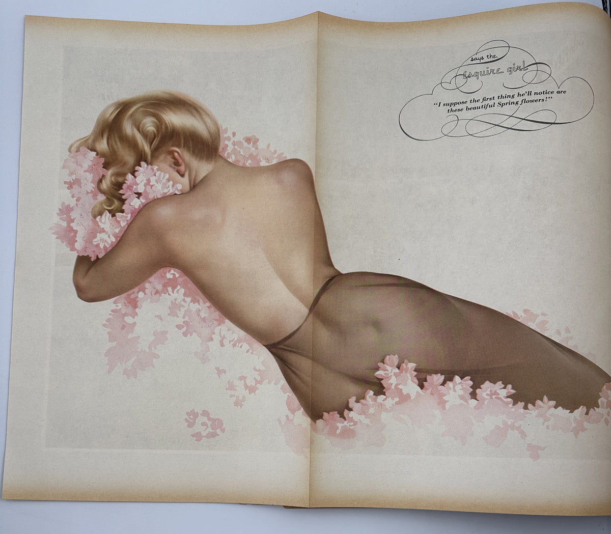 Esquire Magazine April 1946 featuring a foldout pinup of the Esquire Girl nestled in spring flowers, beautifully illustrated.
