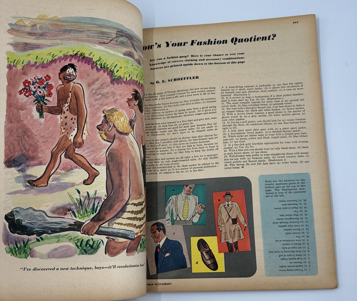 Esquire Magazine April 1946 showcasing comic-style artwork discussing fashion trends, highlighting humorous elements and clothing styles.