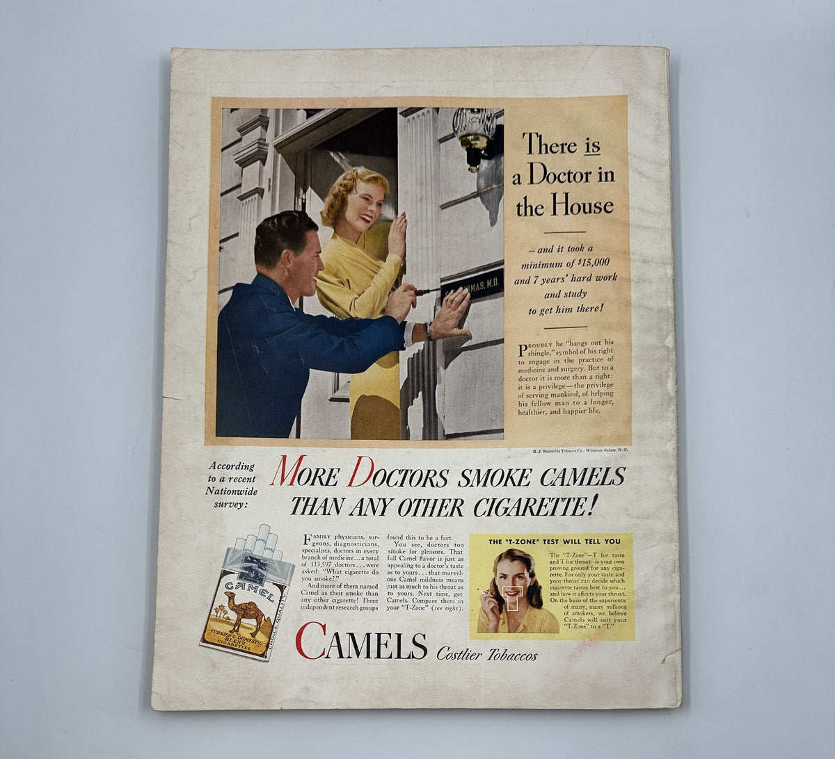 Esquire Magazine April 1946 cover featuring a vintage advertisement for Camel cigarettes, showcasing a woman speaking to a man at a door, with the tagline 'There is a Doctor in the House' and highlighting that 'More Doctors Smoke Camels Than Any Other Cigarette.'