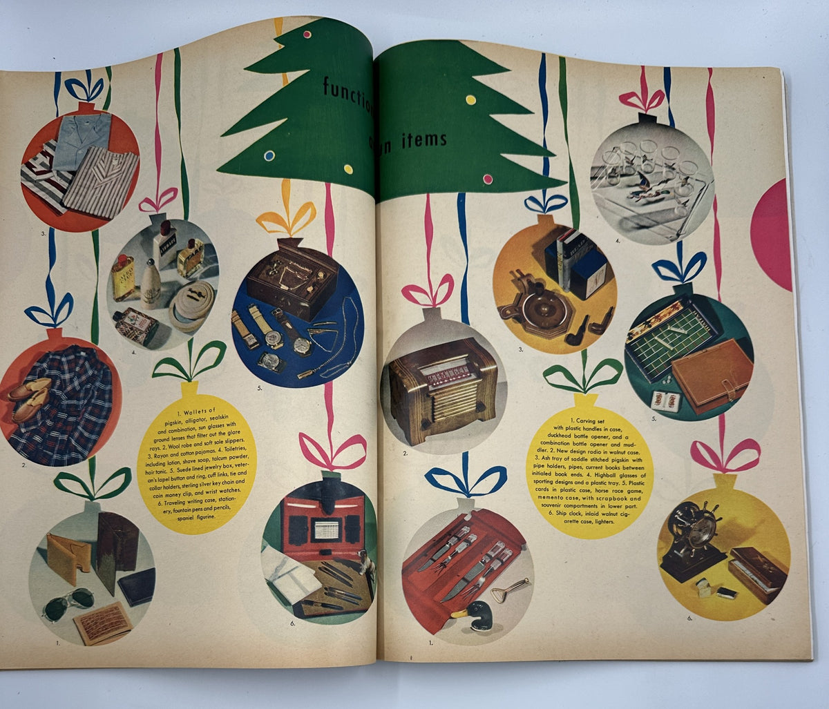 Esquire Magazine January 1946 features a colorful spread of functional gift items, decorated with festive ribbons and ornaments, aimed at holiday gifting.