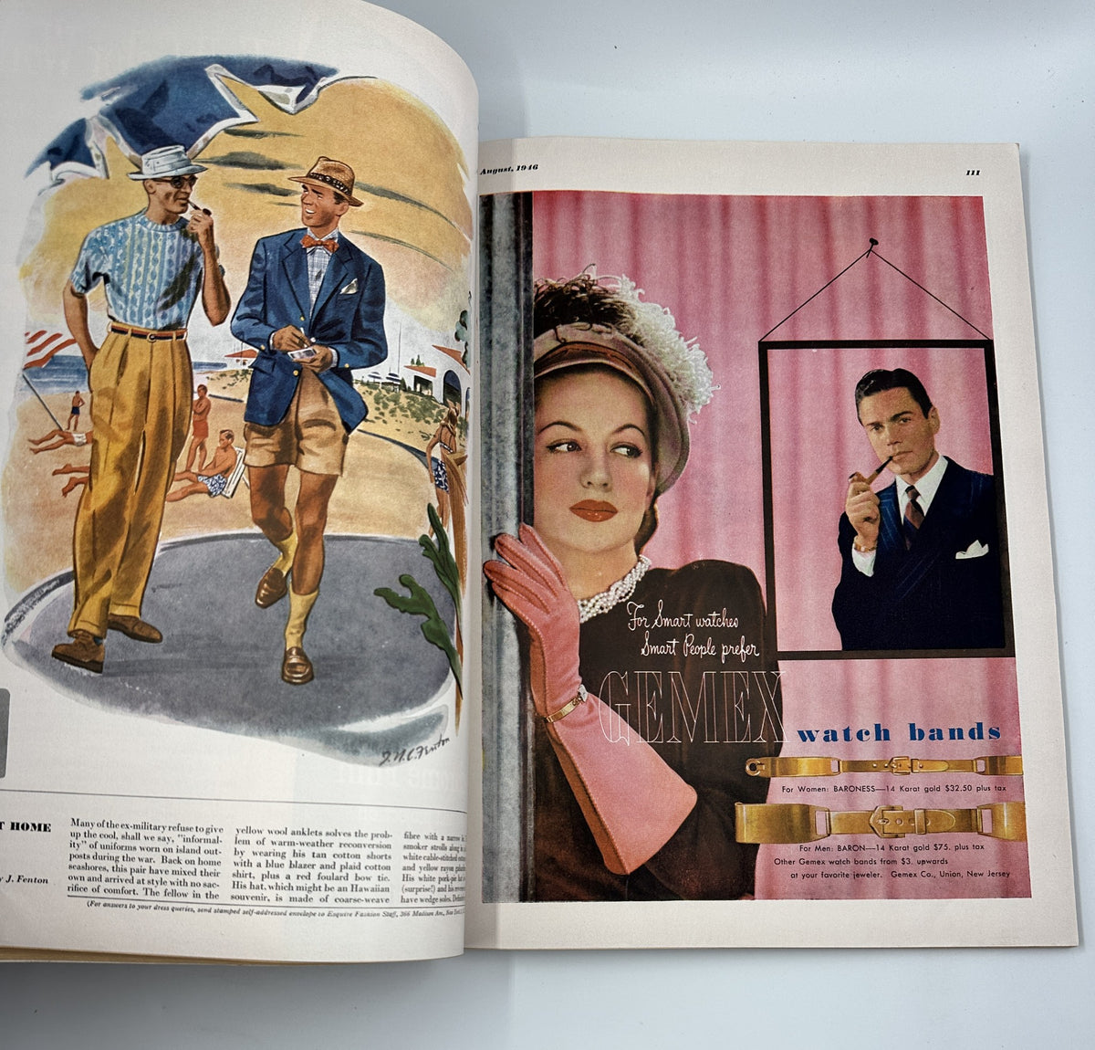 Esquire Magazine August 1946 featuring an illustration of two stylish men dressed in summer attire walking along the beach, with a vibrant advertisement for watch bands displayed next to them.