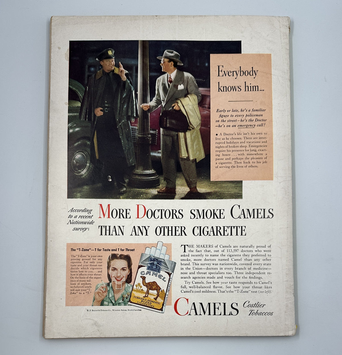 Esquire Magazine August 1946 showcasing a vintage advertisement for Camels cigarettes featuring a woman with a glamorous hairstyle and a suited man, emphasizing that more doctors smoke Camels than any other cigarette.