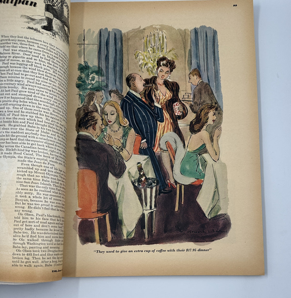 Artistic illustration from Esquire Magazine June 1946 showing a glamorous dinner scene with stylishly dressed men and women, highlighting mid-20th century fashion and social culture.