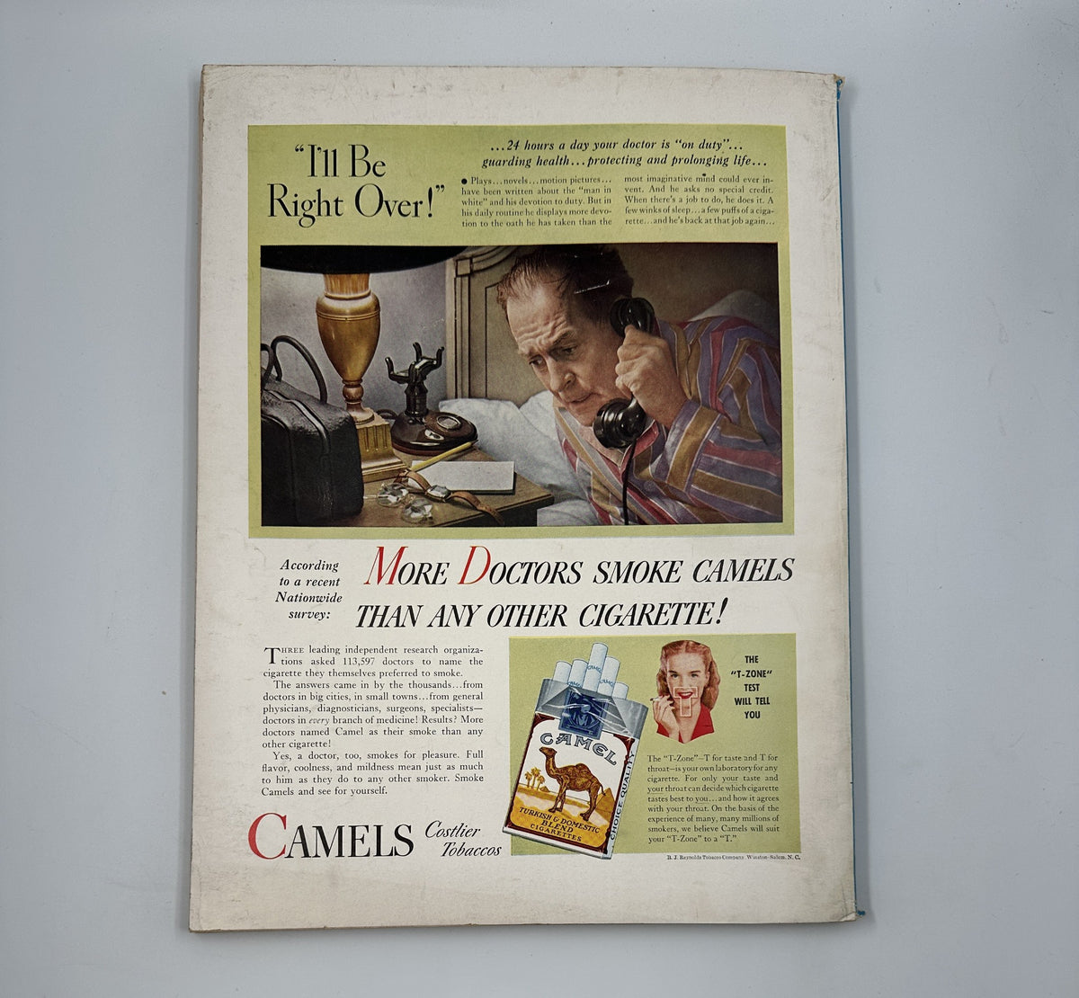 Esquire Magazine June 1946 cover featuring a doctor on the phone with the caption 'I'll Be Right Over!' and an advertisement highlighting that more doctors smoke Camels than any other cigarette. This vintage magazine includes a pinup of Rita Hayworth.