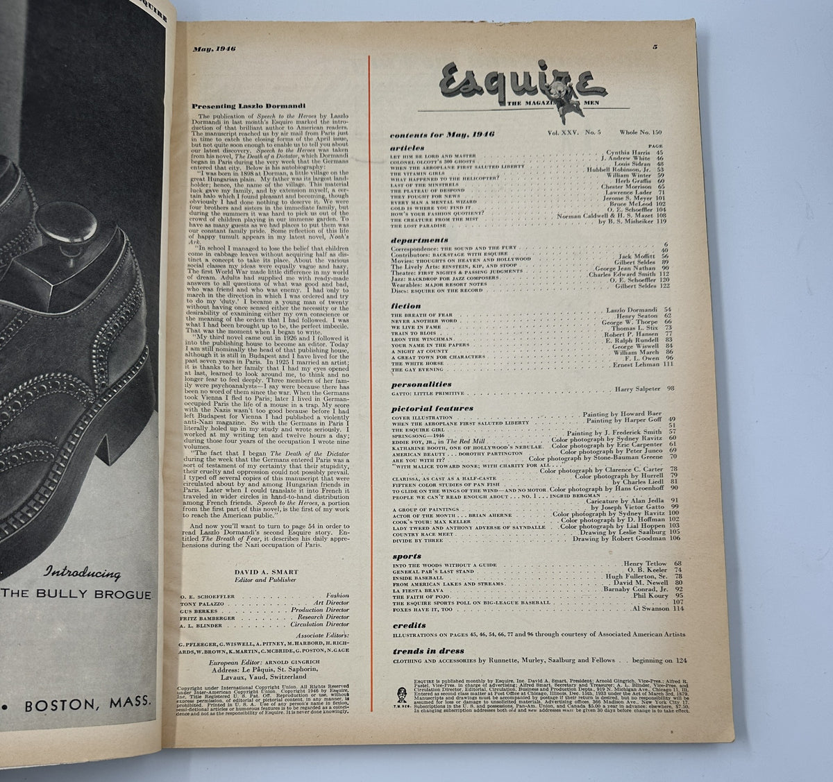 Inside page of Esquire Magazine May 1946 displaying the table of contents, featuring articles and features including the Esquire Girl and various contributors.