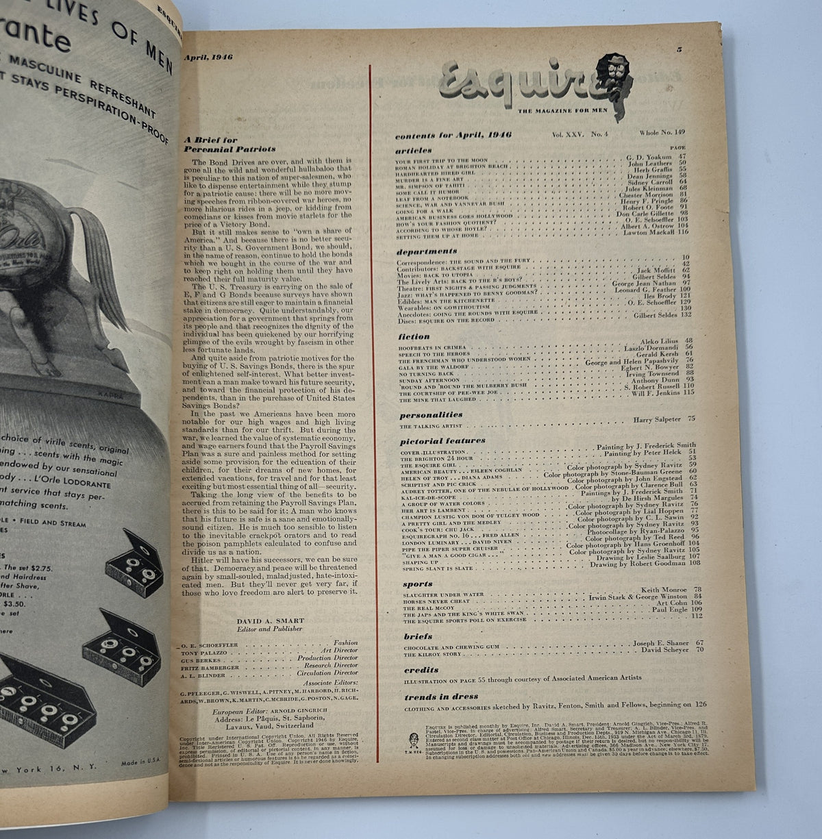 Inside page of Esquire Magazine April 1946 displaying the table of contents, revealing various articles and sections included in this issue.