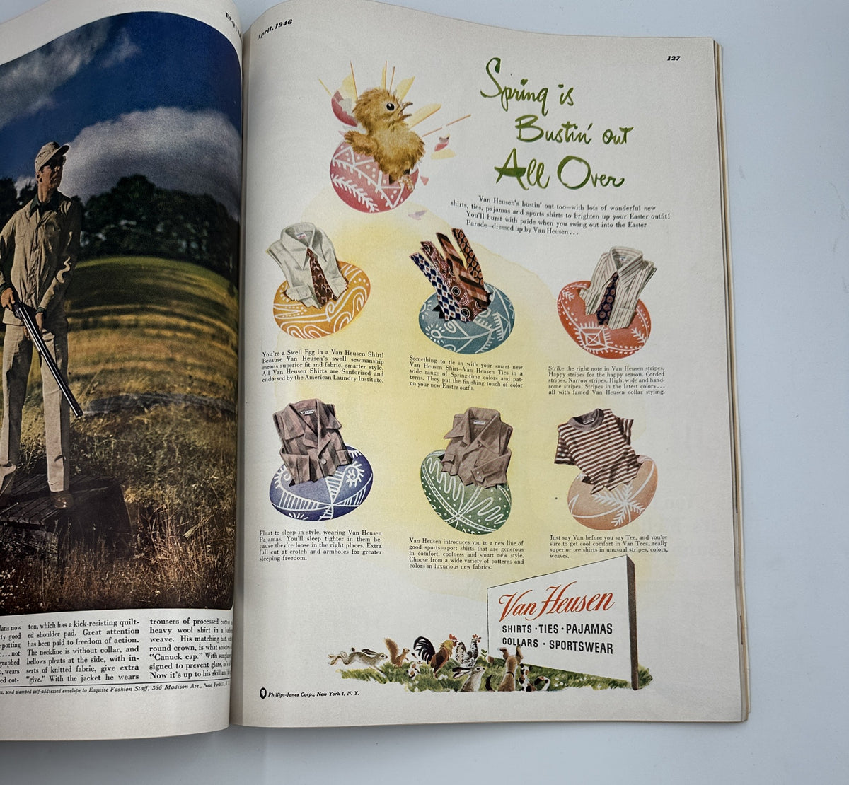 Page from Esquire Magazine April 1946 showcasing an article about spring fashion accessories, including various stylish ties and sportswear options.