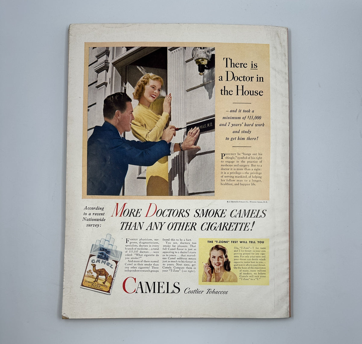 Esquire Magazine April 1946, showcasing a vintage advertisement for Camels cigarettes, with a glamorous woman interacting with a man at a door, emphasizing the tagline 'More Doctors Smoke Camels Than Any Other Cigarette.'