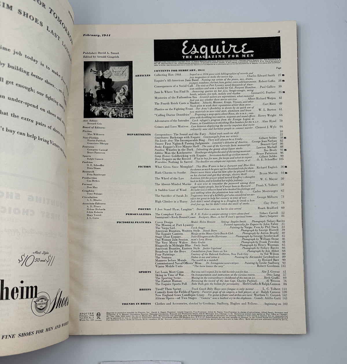 Esquire Magazine February 1944 Jazz Number featuring the table of contents detailing articles on music, culture, and personalities.