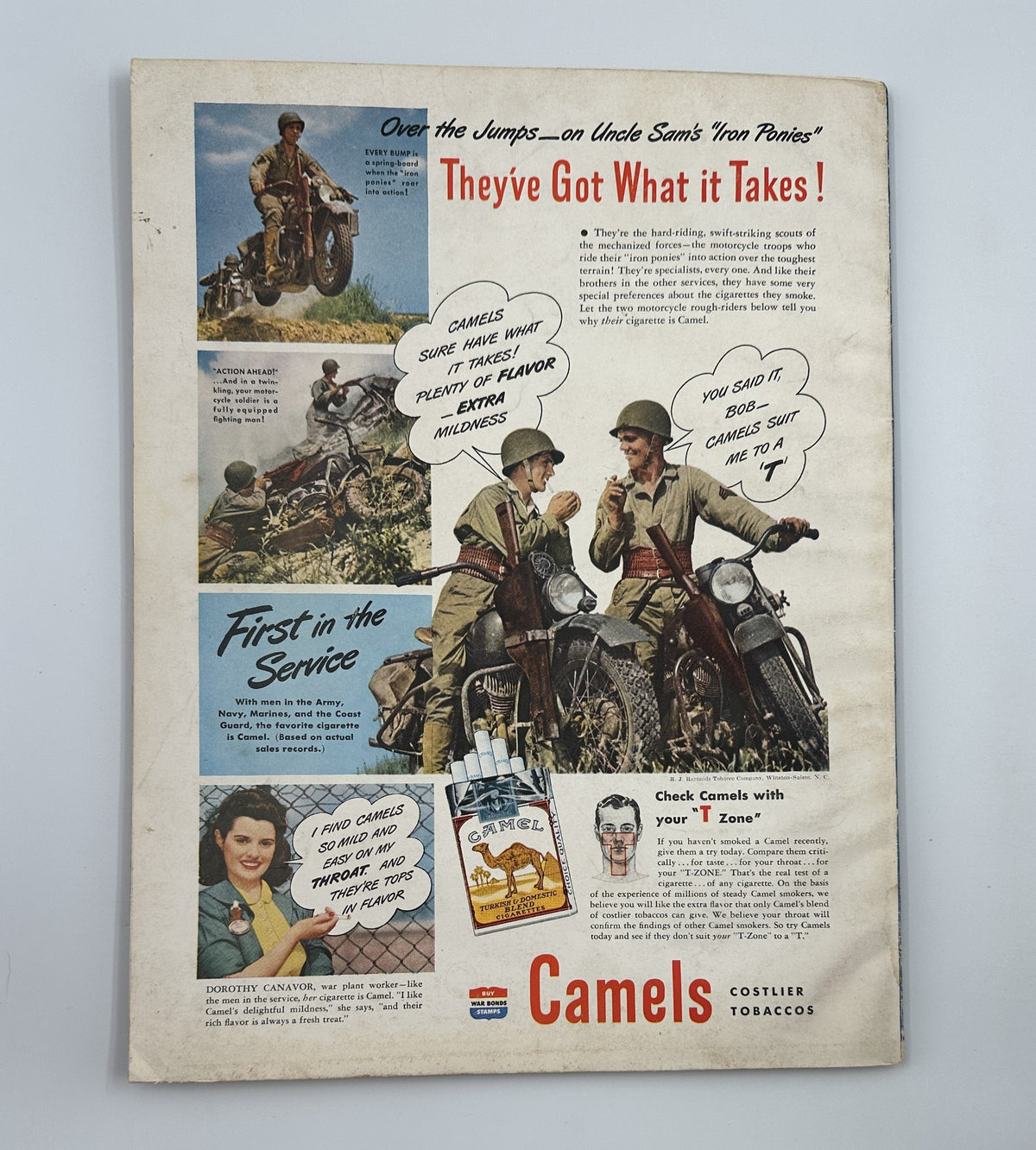 Esquire Magazine February 1944 Jazz Number advertisement for Camels Tobacco featuring soldiers and a woman, emphasizing wartime themes.