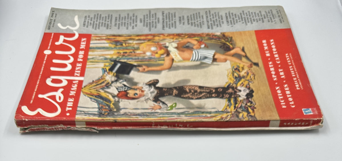Side view of Esquire Magazine January 1943 showing the cover with illustrations and details of its wear, emphasizing its vintage appeal for collectors.