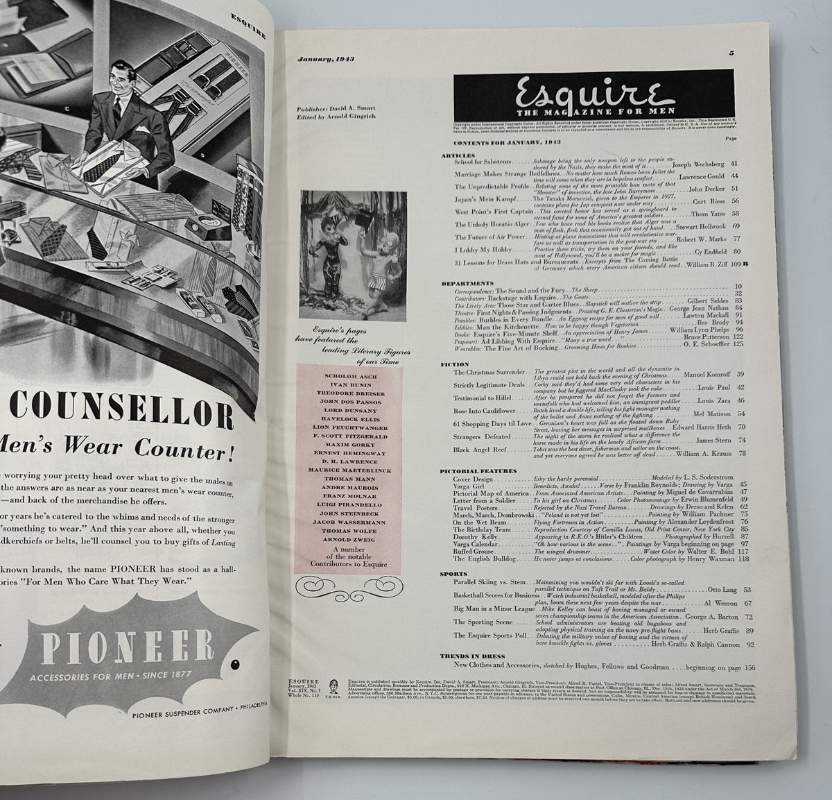 Interior page of Esquire Magazine January 1943, displaying an advertisement layout and article directory, reflecting the magazine's content focus on fiction, sports, and humor.