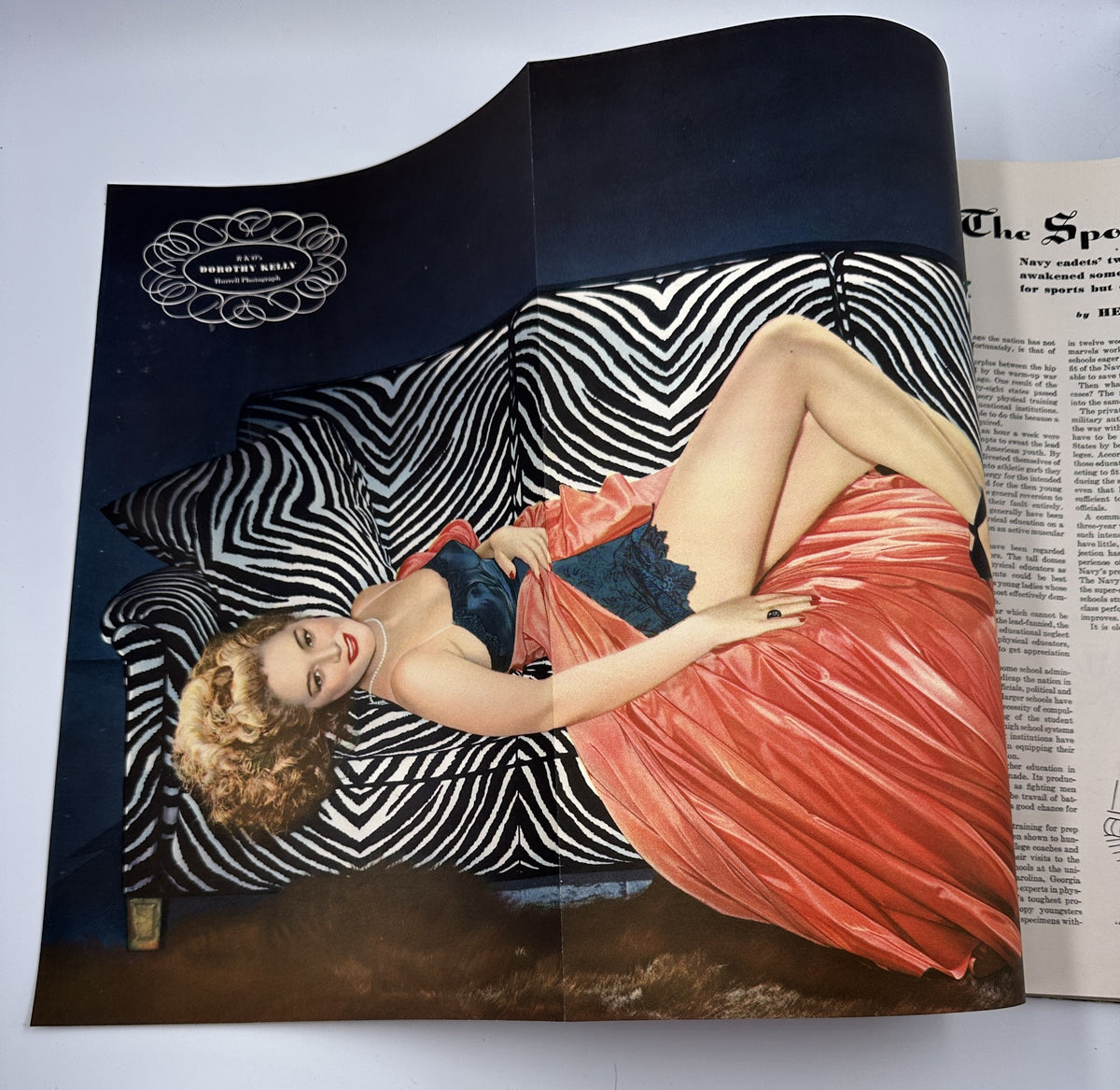 Esquire Magazine January 1943 featuring Varga Calendar artwork with a pinup model lounging on a zebra-striped couch in vibrant colors.