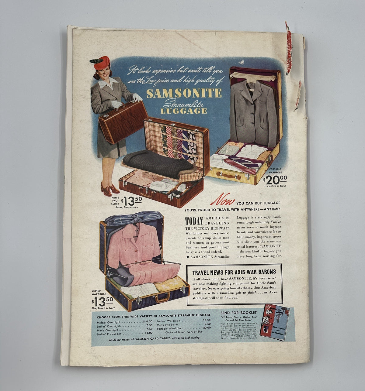 Esquire Magazine January 1943 advertisement for Samsonite luggage featuring a model promoting travel essentials with a stylish suitcase.