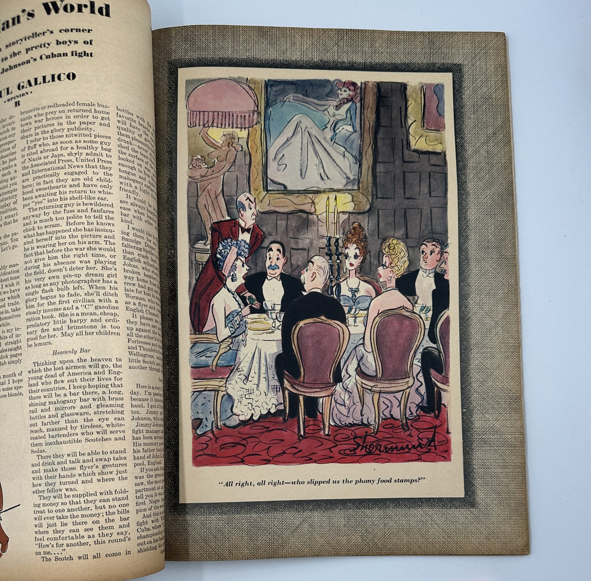 Esquire Magazine August 1944: A humorous cartoon depicting a fancy restaurant scene with a waiter and several elegantly dressed diners reacting to a mishap.
