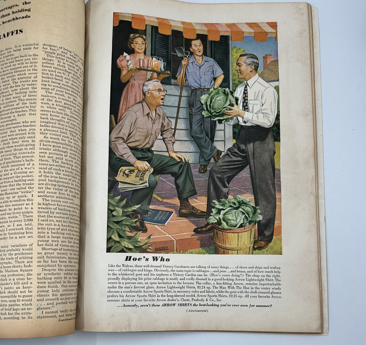 Esquire Magazine August 1944: An illustration titled 'Hoe's Who' showcasing a lively conversation among gardeners and their vegetables on a sunny porch.