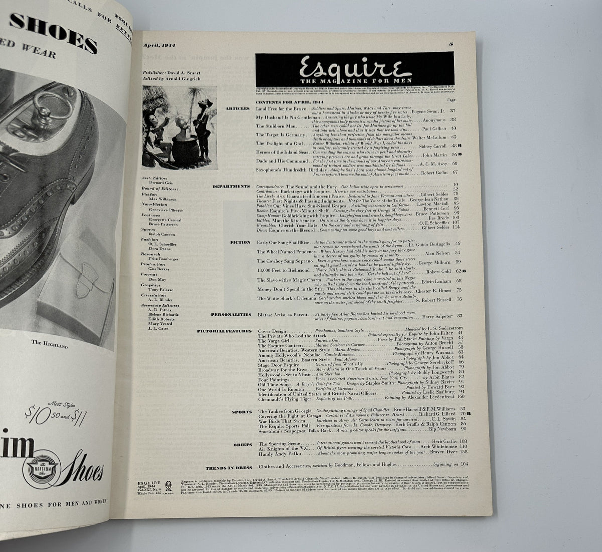 Inside page of Esquire Magazine April 1944 showcasing the contents for the issue, emphasizing articles and features for men.