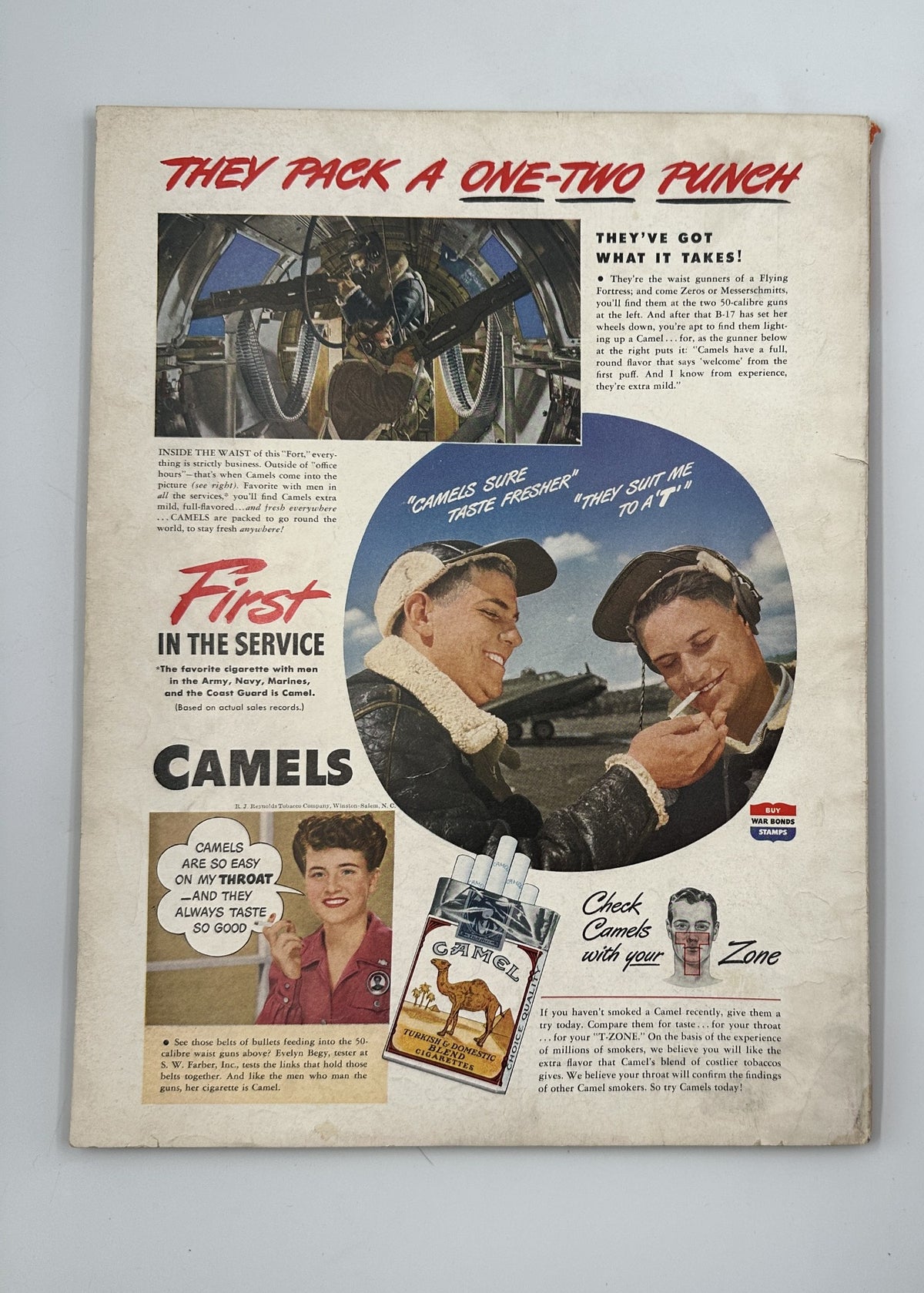 Esquire Magazine April 1944 advertisement for Camels cigarettes, featuring a smiling soldier enjoying a cigarette and a woman promoting the brand, emphasizing its appeal to servicemen during World War II.