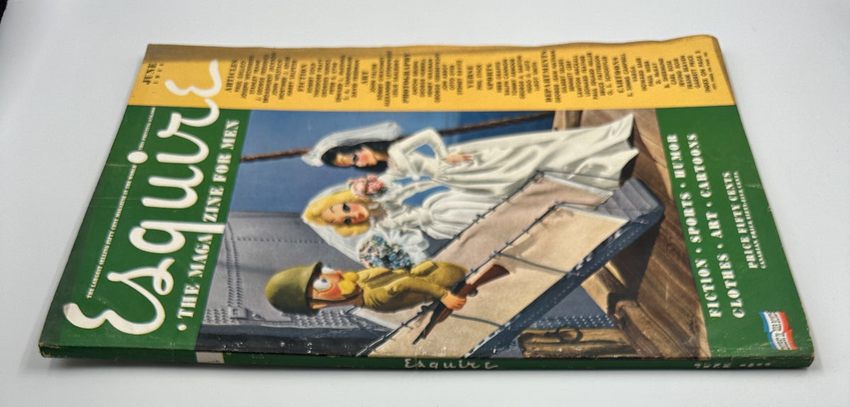 Back cover view of Esquire Magazine June 1944 highlighting The Giant Killer Foldout with Varga artwork, featuring dolls dressed for a wedding scene.