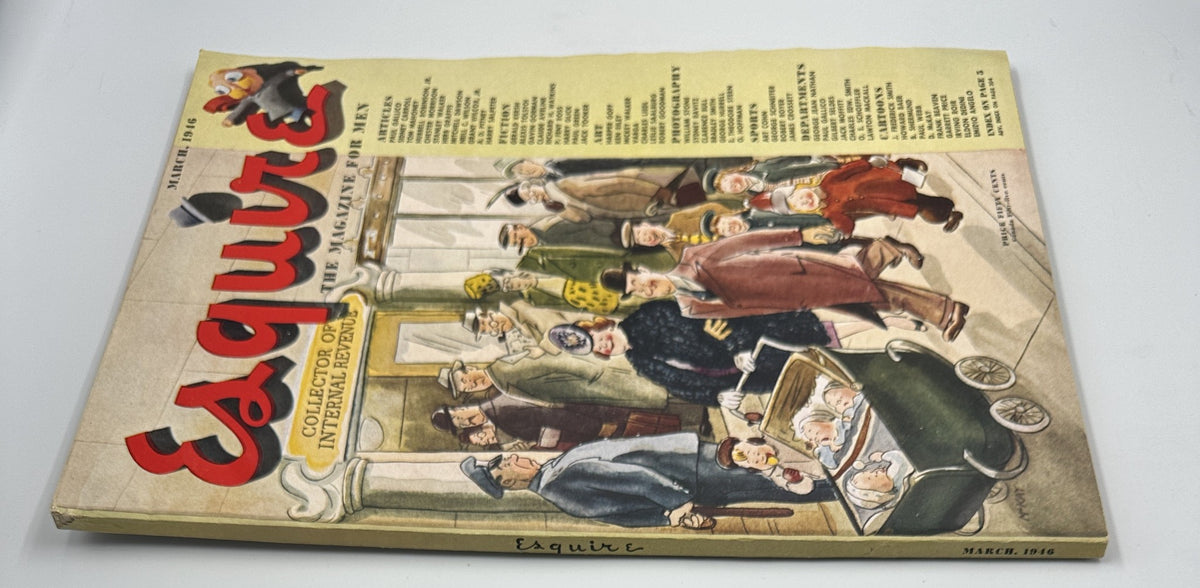 Cover of Esquire Magazine March 1946, showcasing a playful illustration of a busy street scene with fashionable characters, highlighting its title prominently.
