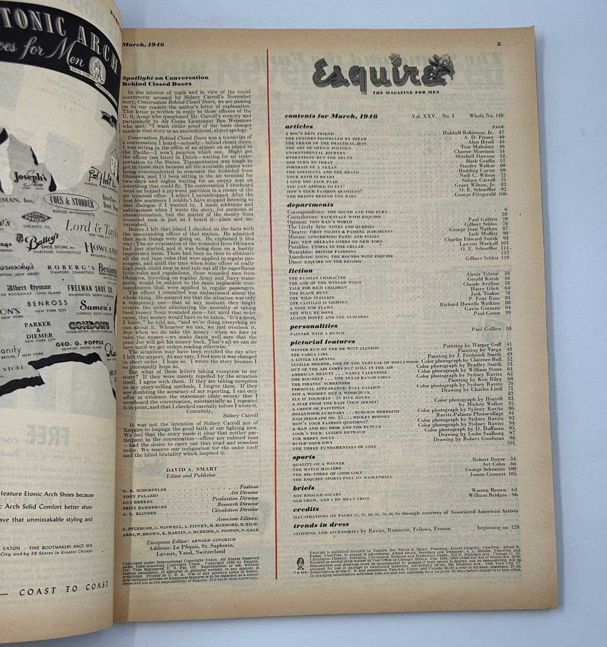 Interior page from Esquire Magazine March 1946 displaying the table of contents, listing articles and features such as 'A Dog's Best Friend' and 'Sports'.