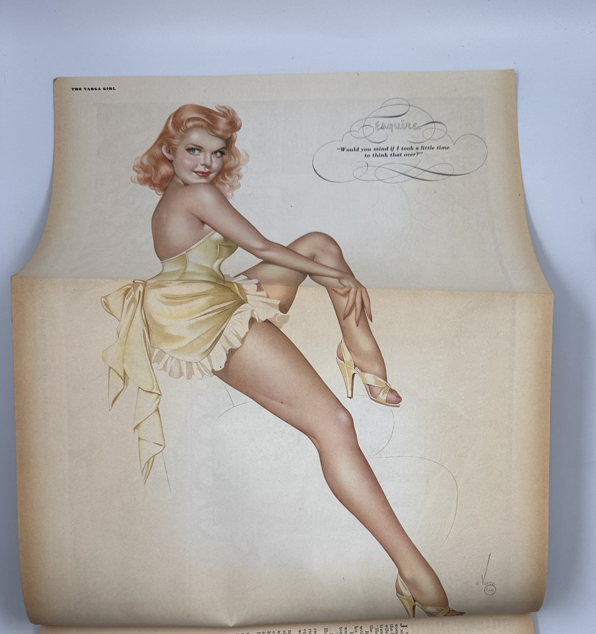 Esquire Magazine March 1946, featuring a Varga pinup foldout of a woman in a yellow dress, showcasing classic 1940s illustration style.