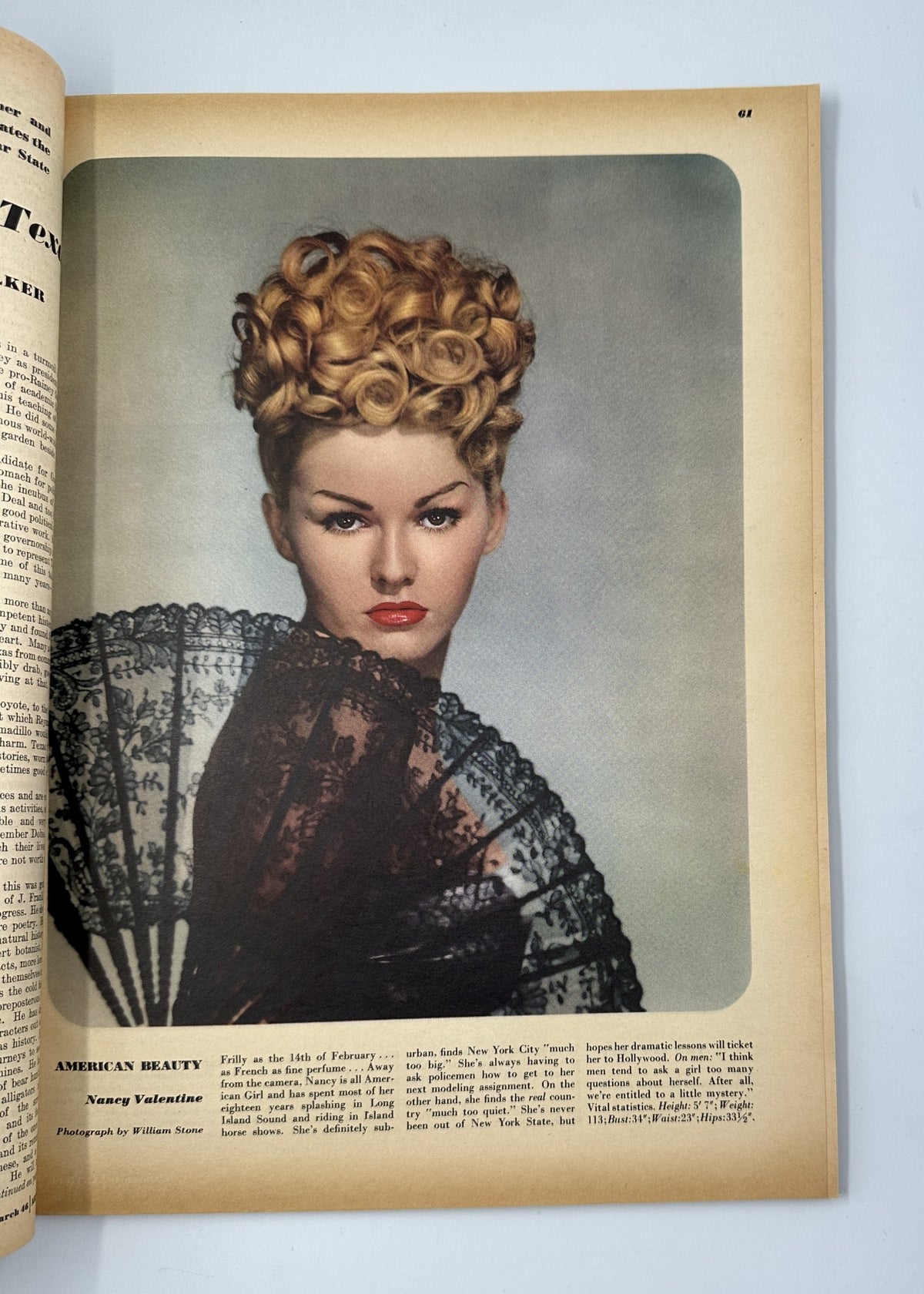 Esquire Magazine March 1946, displaying a color photograph of Nancy Valentine with a fan, representing American beauty in the 1940s.