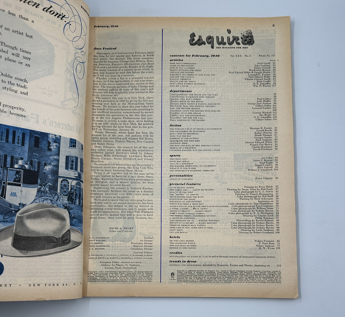 Inside page of Esquire Magazine February 1946, displaying the table of contents, featuring multiple articles and features related to jazz, culture, and lifestyle.