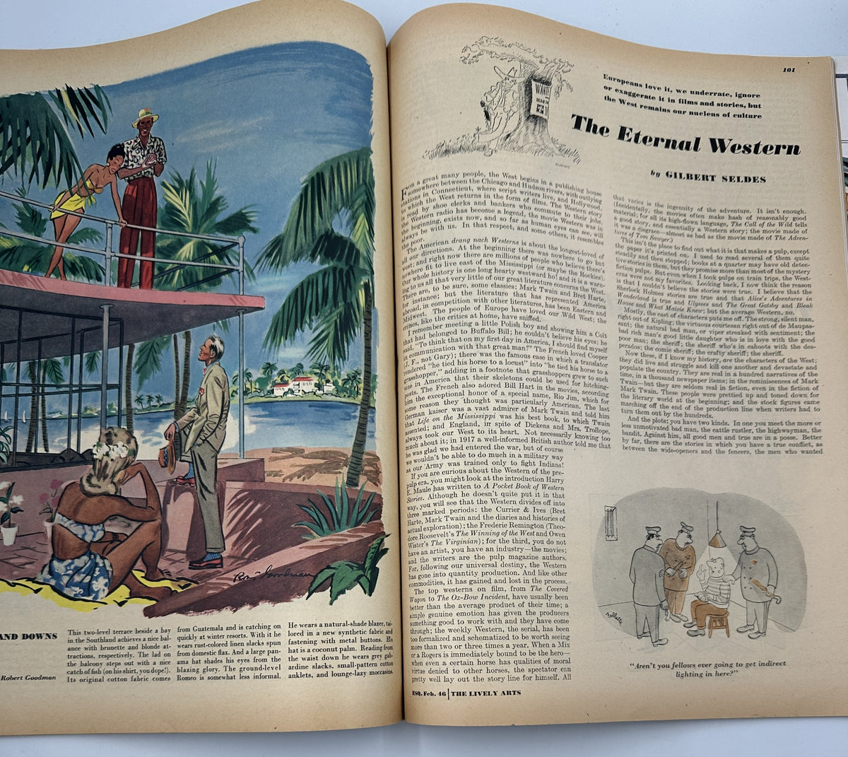 Esquire Magazine February 1946 interior page featuring the article 'The Eternal Western' by Gilbert Seldes, accompanied by a vibrant illustration of tropical scenery and characters.
