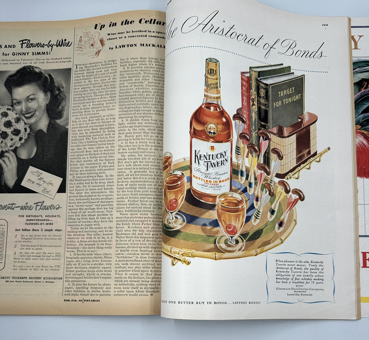 Esquire Magazine February 1946 page displaying a vintage advertisement for 'Kentucky Tavern' bourbon with an artistic arrangement of cocktail glasses on a patterned tray.