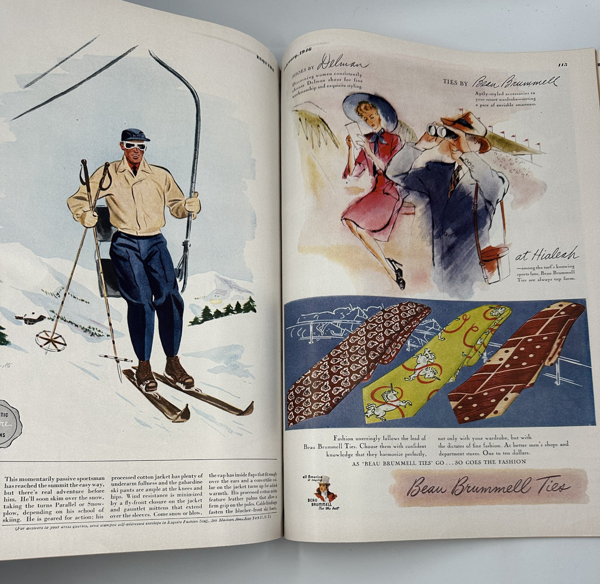 Esquire Magazine February 1946 page featuring a fashionable ski-themed illustration showcasing men's attire by Beau Brummell, promoting stylish ties for winter activities.