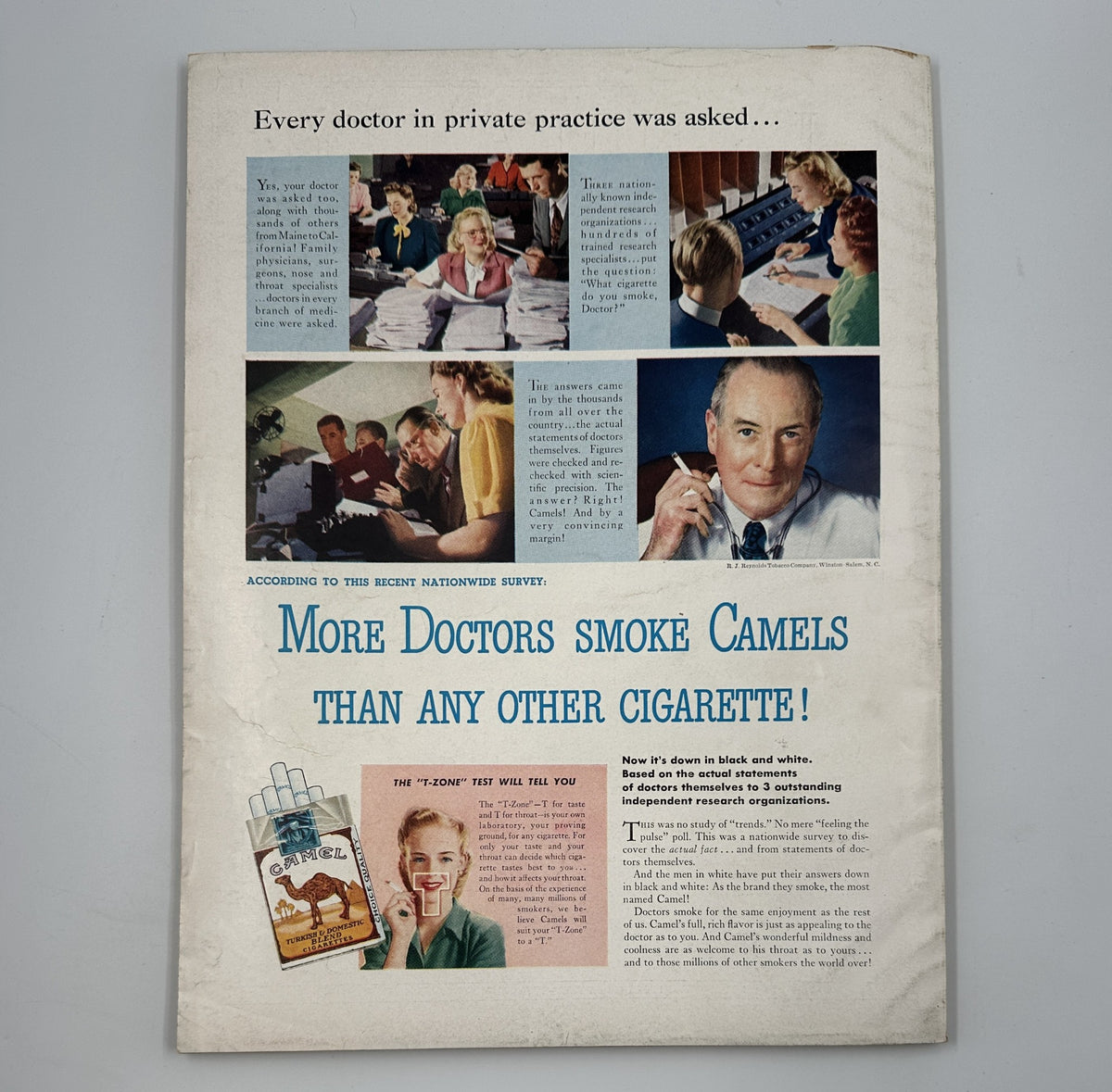 Esquire Magazine February 1946 back cover advertisement emphasizing that more doctors smoke Camels than any other cigarette, featuring various images related to medical practice.